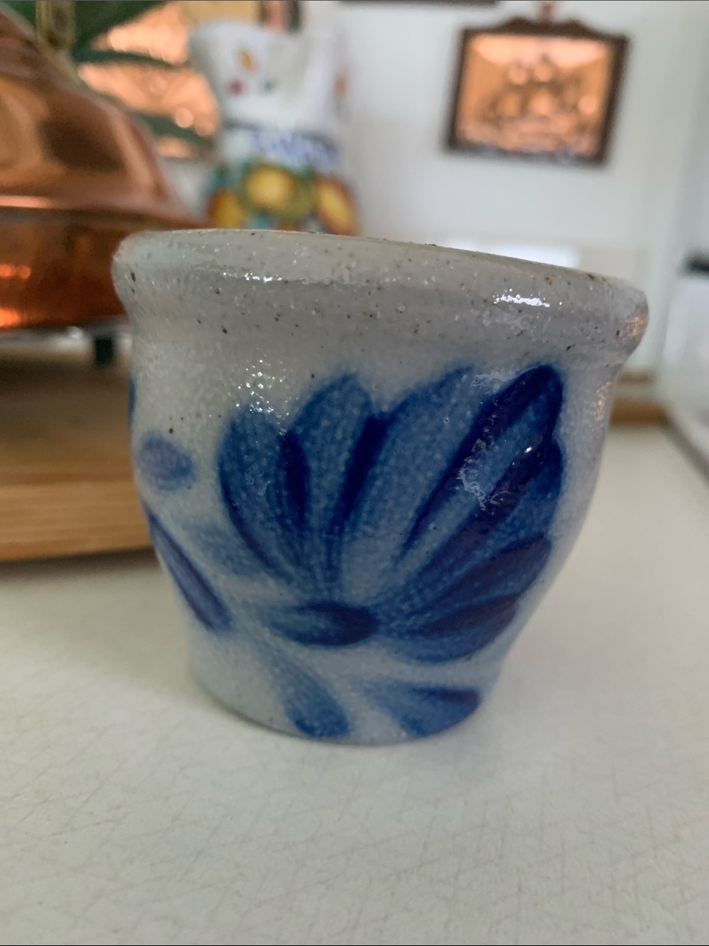 Miniature Salt Glazed Spice Crock Cobalt Floral Design 2.75” X 2.50 Tall